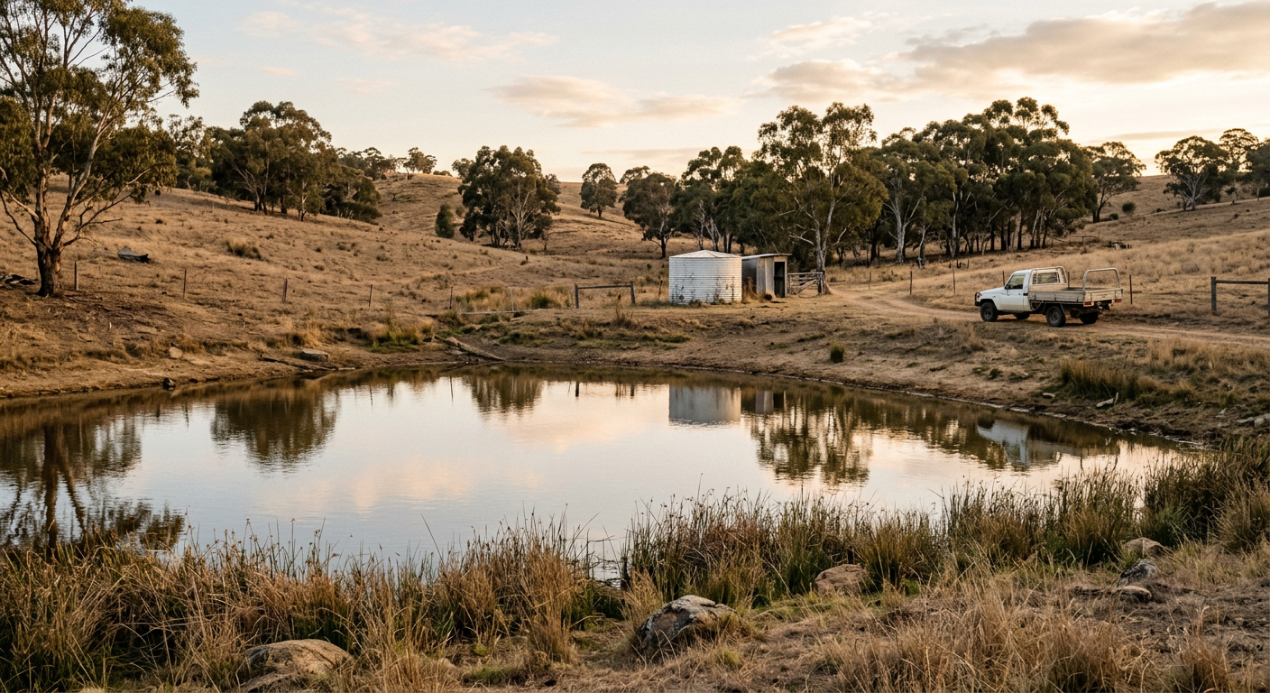 Farm dam with a water tank and truck in the distance on a Victorian property
