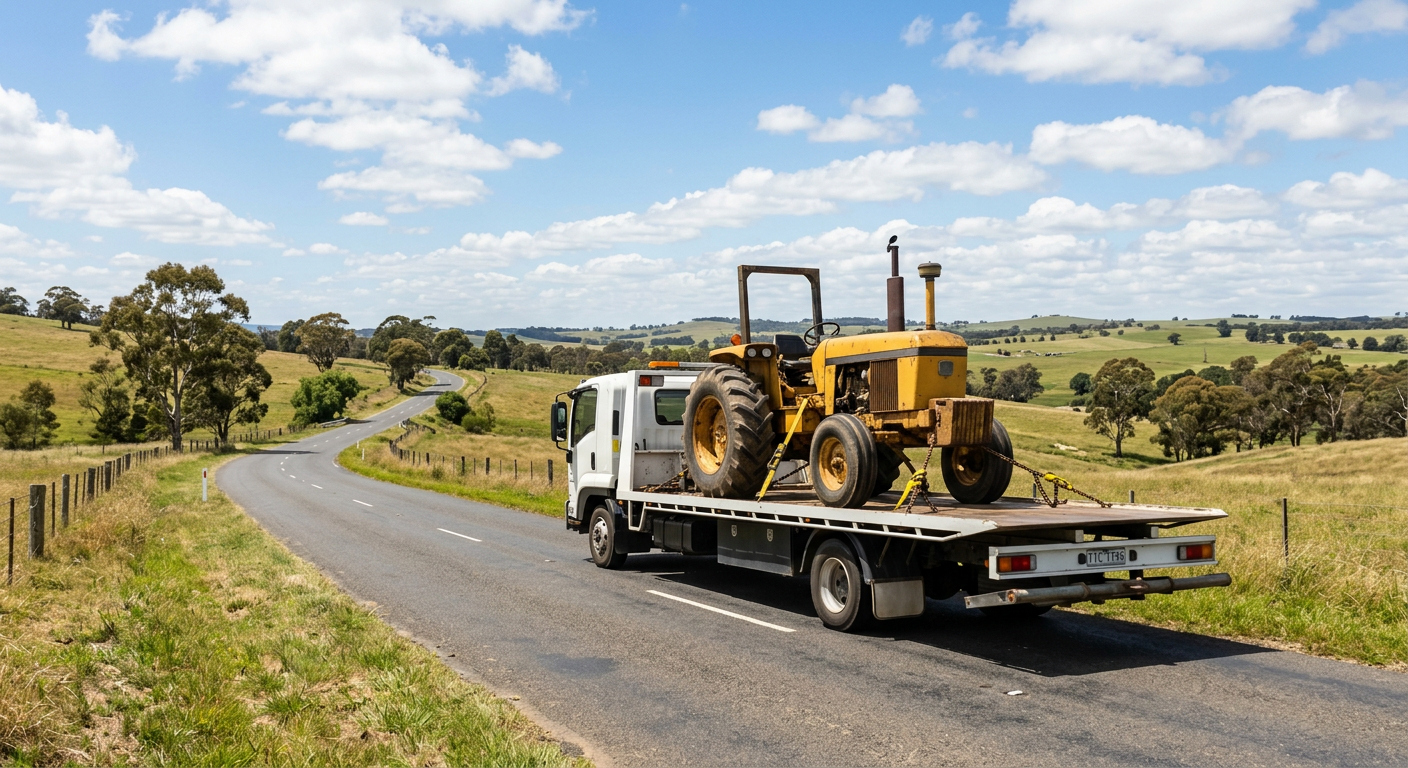 Tilt-tray truck carrying a yellow tractor along a country road